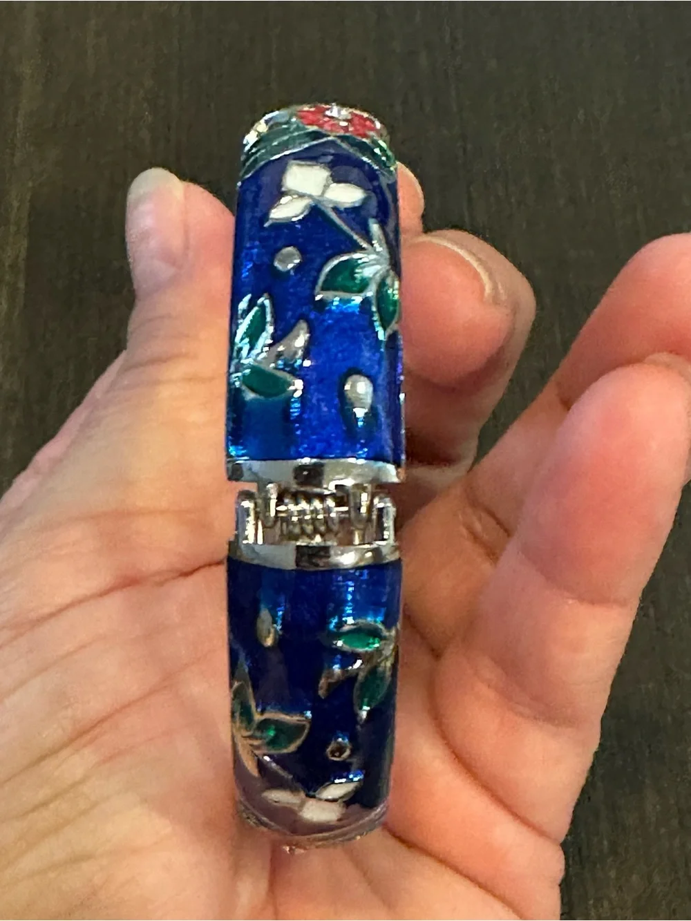 Vintage Jiu Long Xing Floral Enamel Hinged Bangle Bracelet Signed Blue Cloisonne